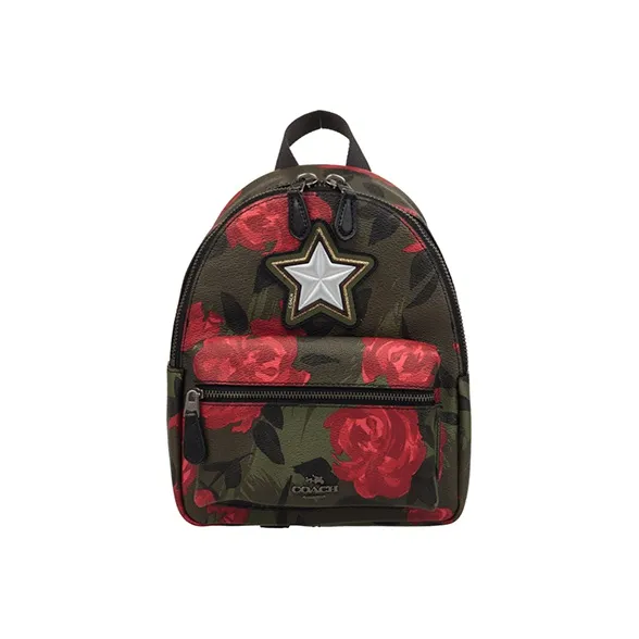 COACH Charlie Canvas Leather Backpack Trumpets Women's Green & Red