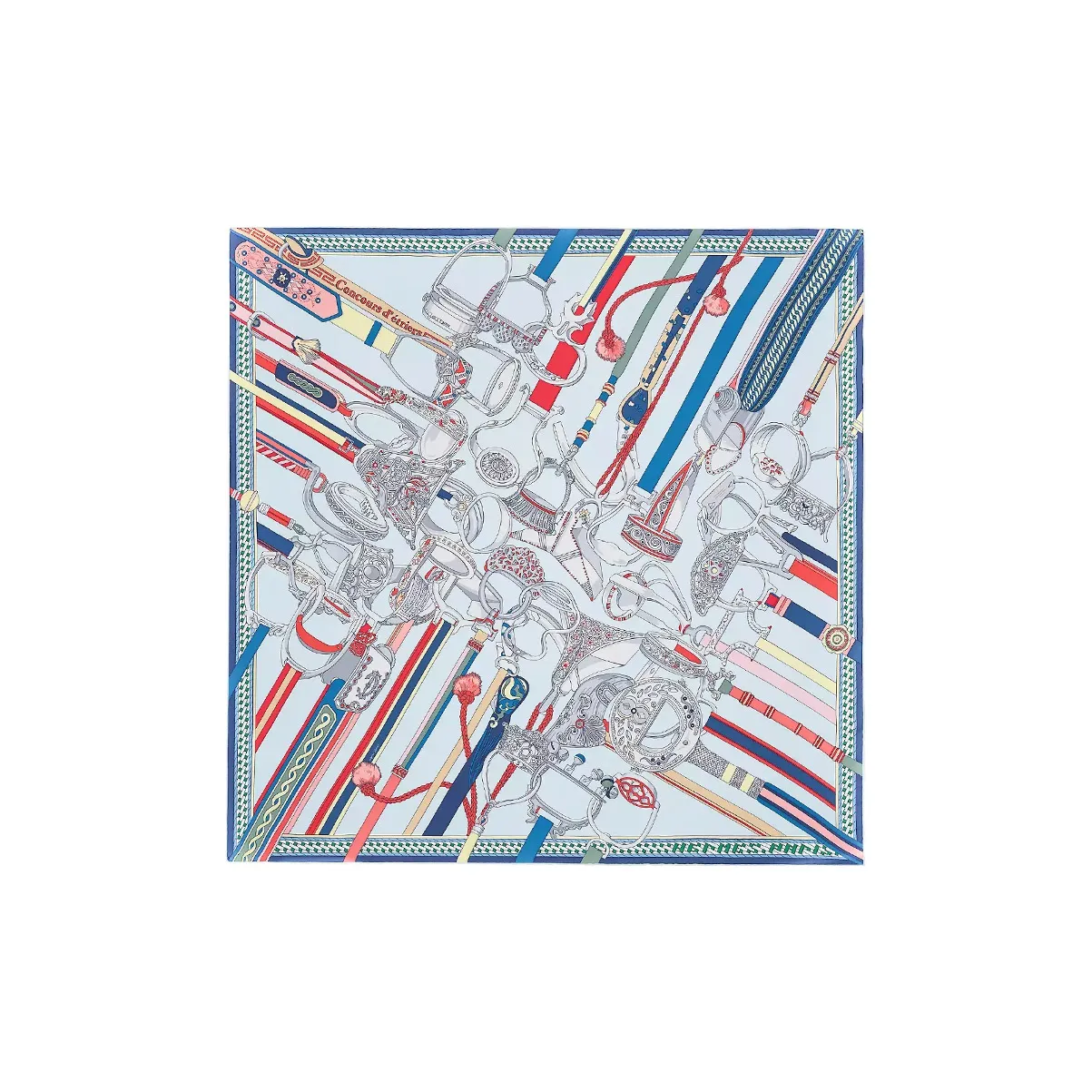 HERMES Stirrups Silk Scarves Women's Sky Blue/Coral Red/Multicolor