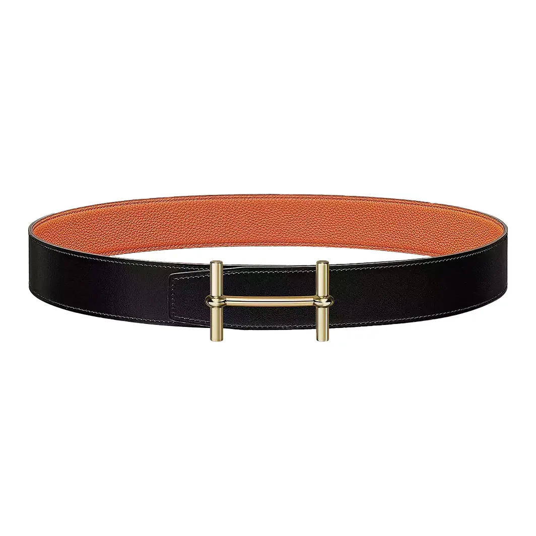 HERMES H D'Ancre Leather Belts Men Black Orange