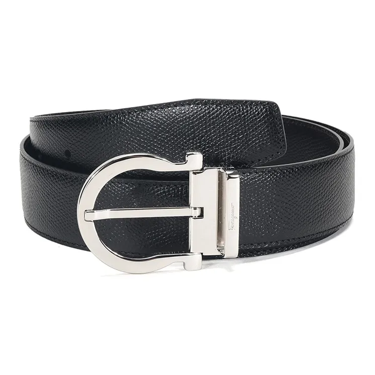 FERRAGAMO Cow Leather Belt Men's Black Dark Brown Width 3.5cm