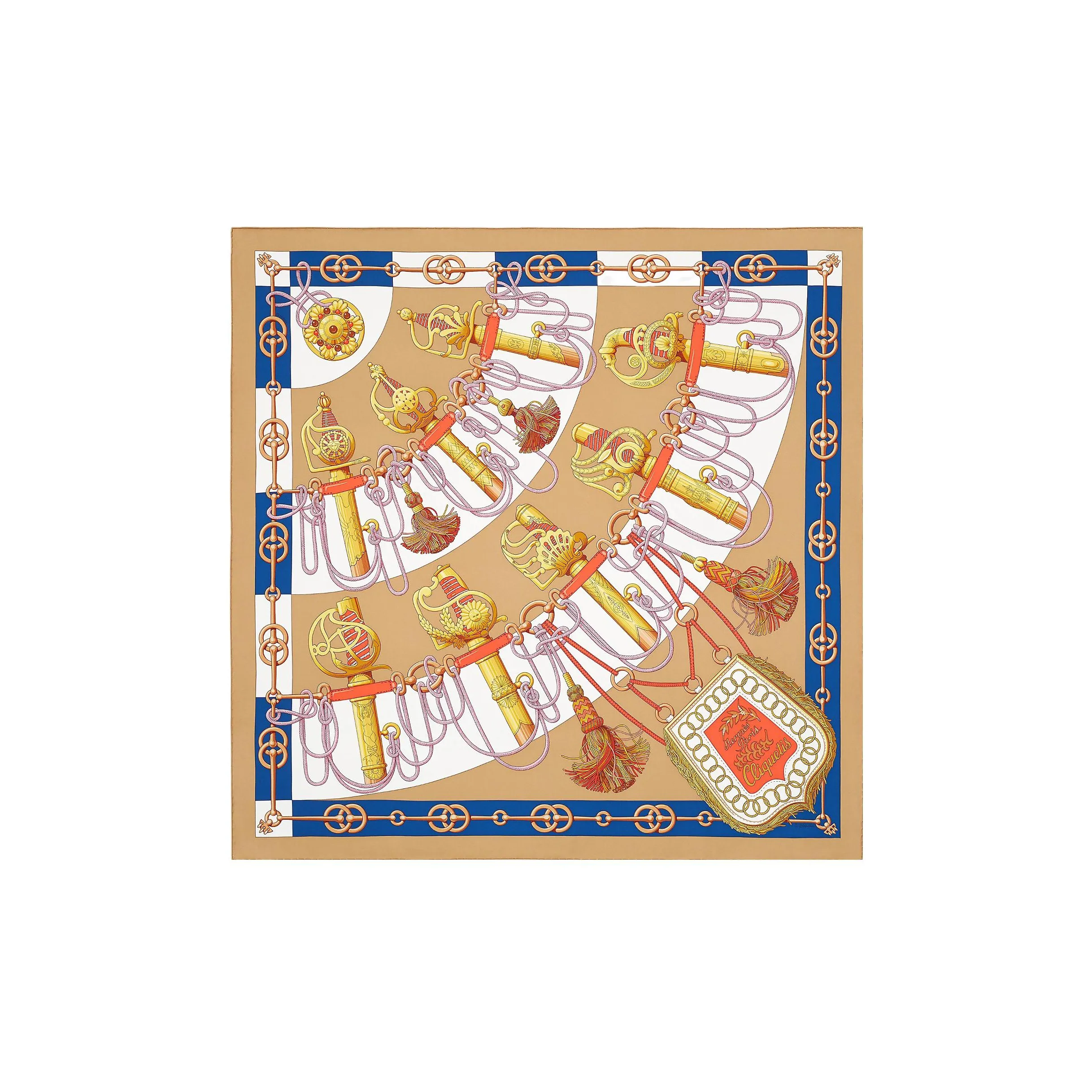 HERMES Silk Scarves Women's Camel/Indigo/Antique Gold