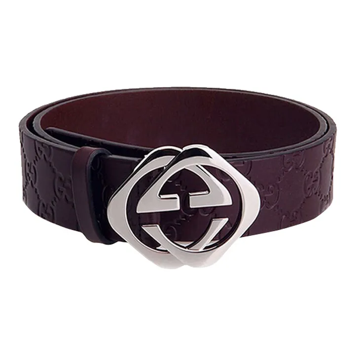 GUCCI Silver Square Double G Smooth Buckle Leather Belts Men's Brown Width  4cm