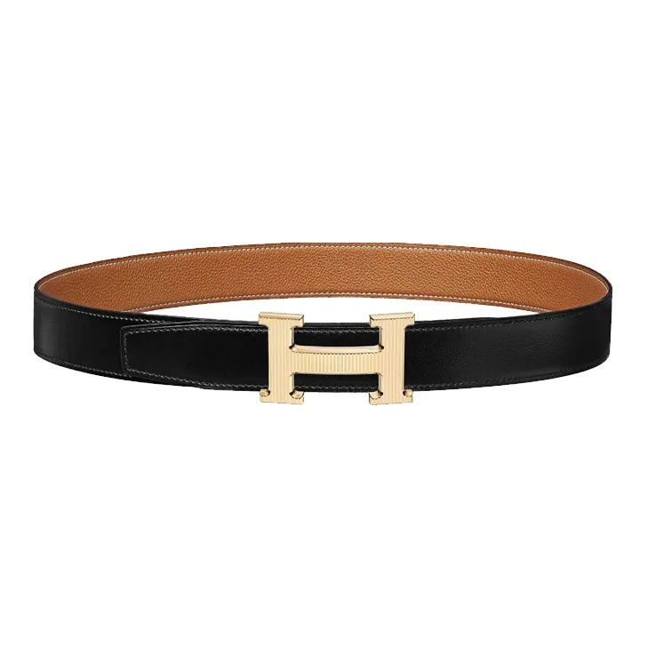 HERMES H Stripes H Stripes Gold Buckle Togo Calfskin Double Sided Leather Belt Unisex Black/Gold Width 3.2cm