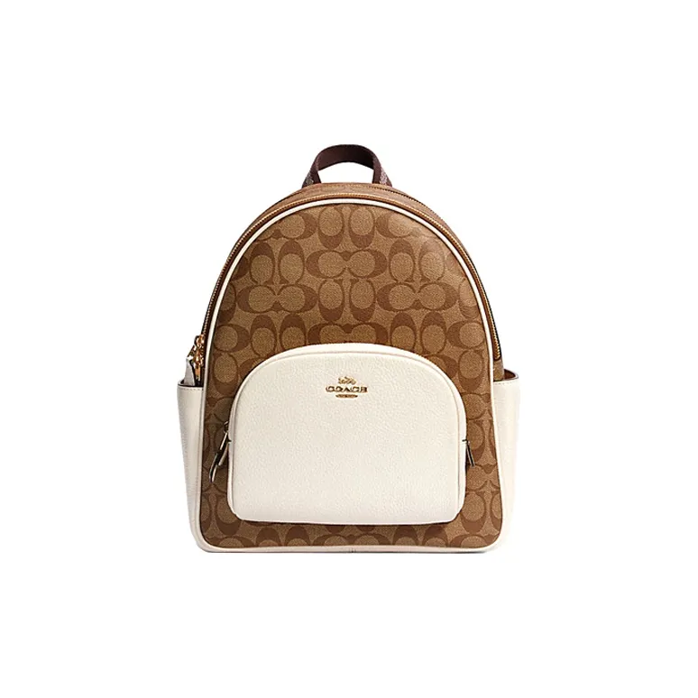 COACH Court Canvas With Leather Backpack Medium Size Women's White & Brown