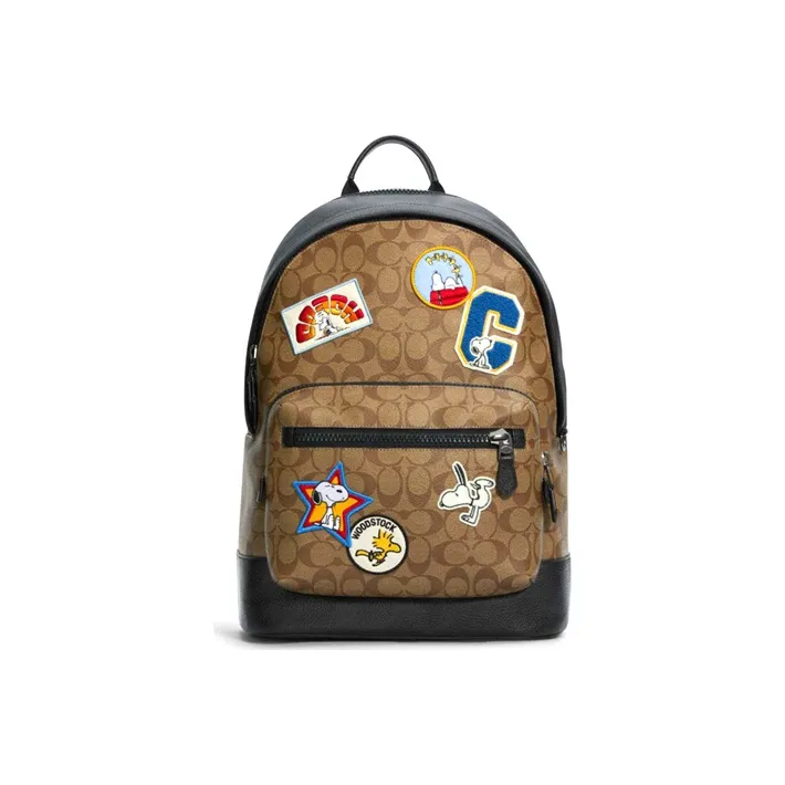COACH Peanuts Snoopy Snoopy Collaboration Canvas With Leather Backpack Large Size Men's Khaki Monogram & Black