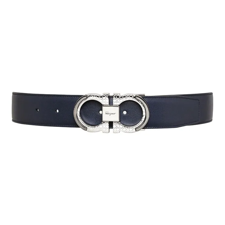 FERRAGAMO Cow Leather Belt Men's Navy Blue Width: 3.5cm