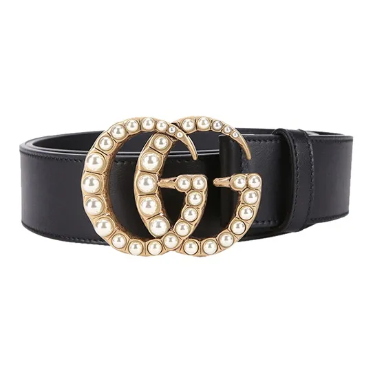 GUCCI Double G Wide Leather Belt Pearl Buckle 1.5 Width