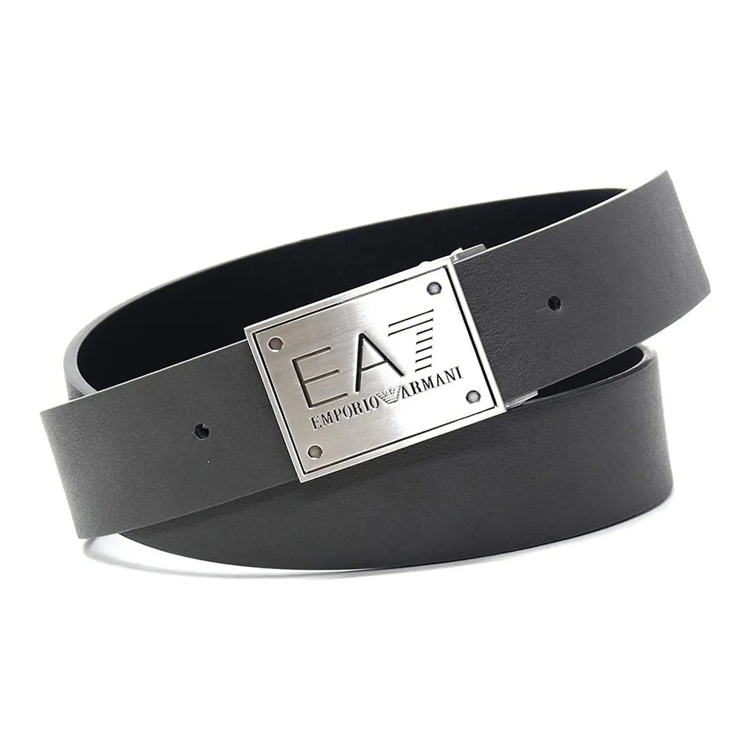 EMPORIO ARMANI Eagle Logo Buckle Double Sided In PU Leather Belts Men's Black Width 3.5CM