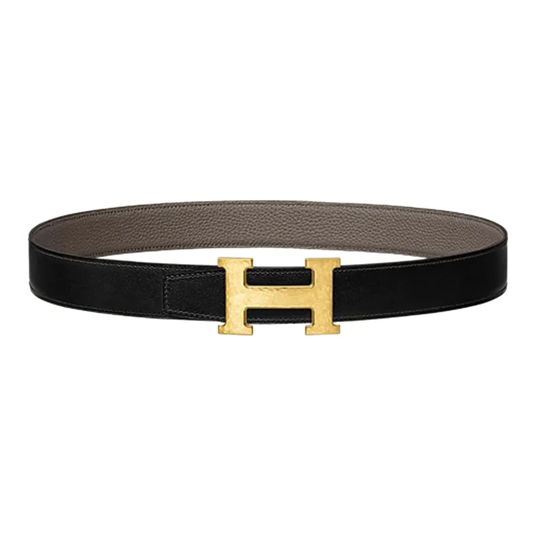 HERMES H Martelee H Letter Martelee Gold Buckle Epsom Calfskin Belt Men's Black/Tin Gray Width 3.2cm