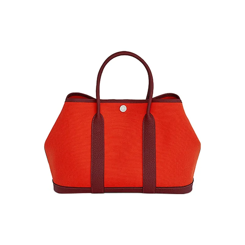 HERMES Garden Party Canvas With Negonda Calfskin Garden Bag, Canvas Bag, Handbag Women's Red & Orange