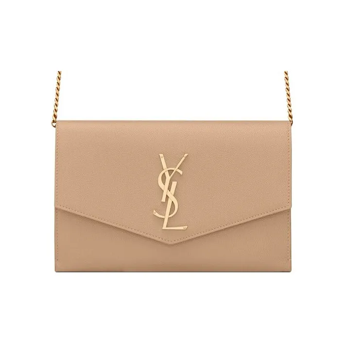 SAINT LAURENT UPTOWN Cow Leather Envelope Bag Chain Wallet Shoulder Bag Crossbody Bag Mini Women
s Dark Beige