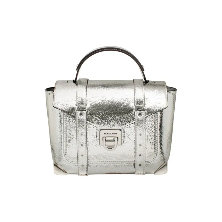 MICHAEL KORS Manhattan Leather Satchel Bag, Crossbody Bag, Handbag Women's Silver