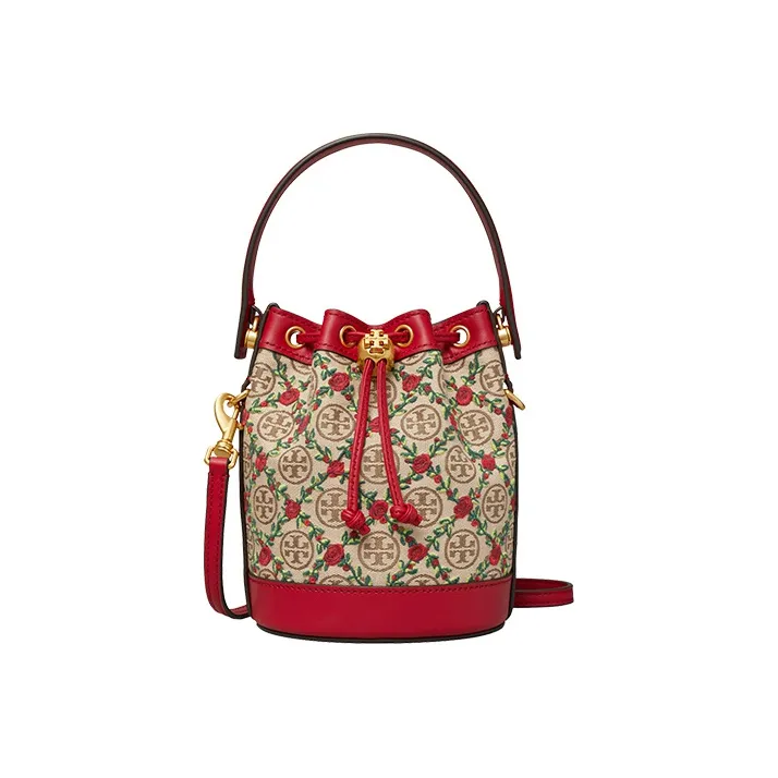 TORY BURCH T Monogram Embroidery Canvas Bucket Bag, Crossbody Handbag Mini Women's