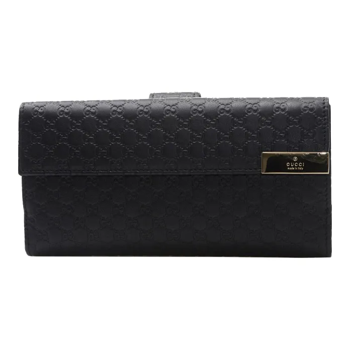 GUCCI Leather Long Foldable Wallet With Money Clip Women's Black