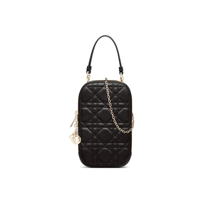 DIOR Lady Dior Sheepskin Wicker Pattern Shoulder Bag, Crossbody Bag, Handbag, Cell Phone Pouch Women's Black