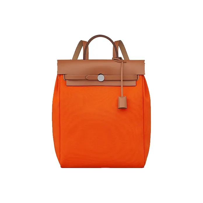 HERMES Herbag Zip Canvas With Hunter Cow Leather Handbag Backpack Unisex Orange Red