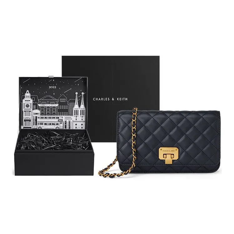 CHARLES&KEITH Synthetic Leather Small Square Bag, Chain Bag, Crossbody Bag Women's Dark Blue