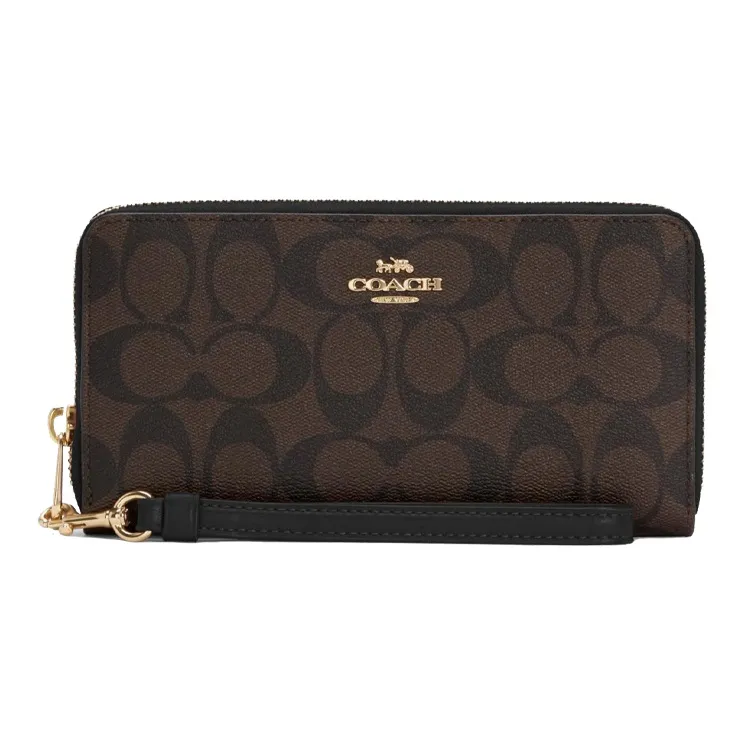 COACH Zip Around Monogram Canvas With Leather Wallet Clutch Regular Women's Black & Brown Monogram
