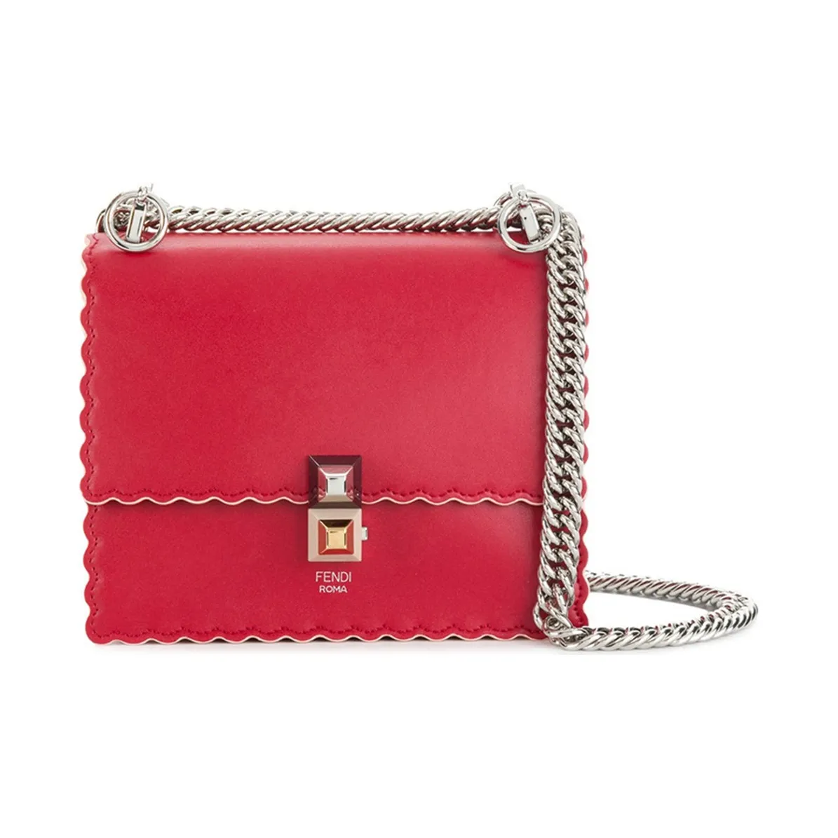 FENDI Kan I Cow Leather Chain Bag, Crossbody Bag, Shoulder Bag Women's Red