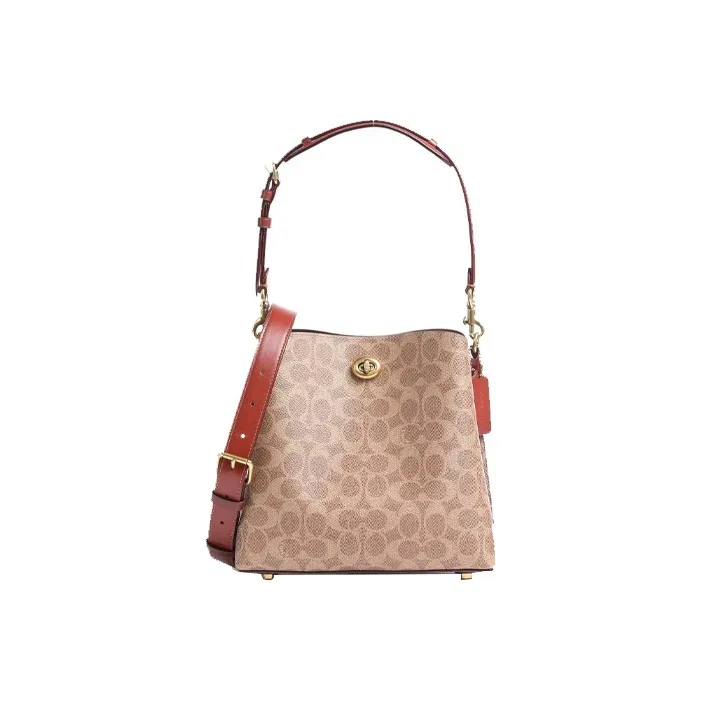 COACH Willow Leather Bucket Bag Portable Crossbody Bag Shoulder Bag Women's Red Brown & Brown Monogram