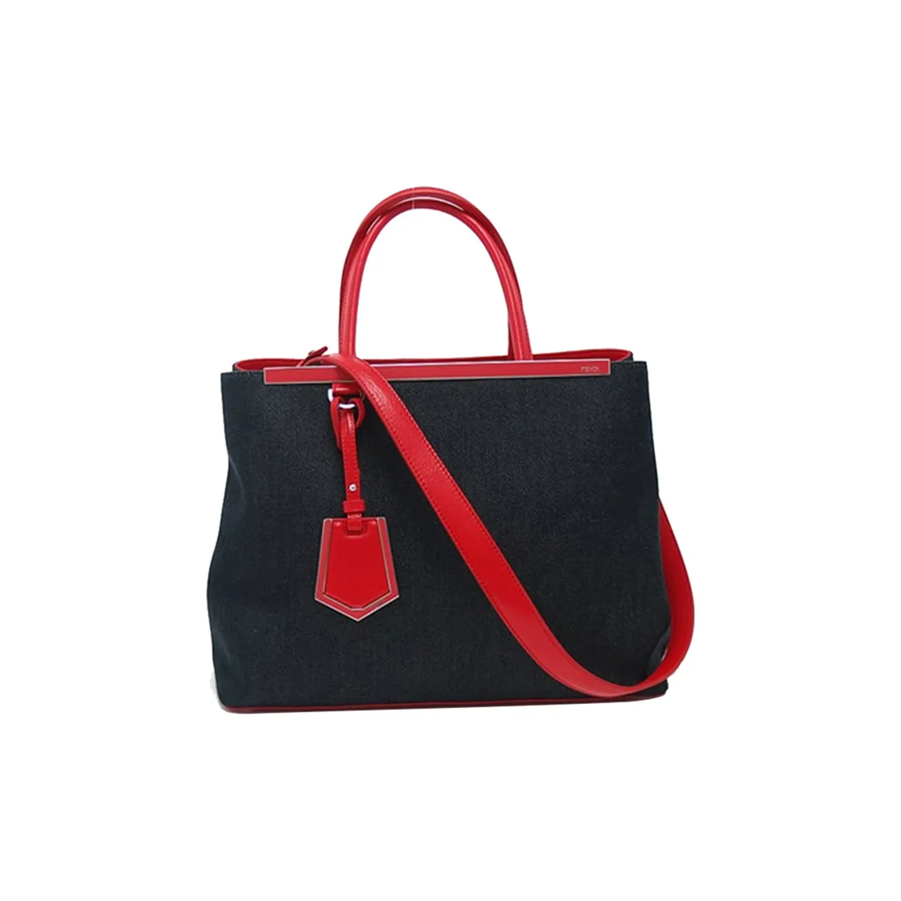 FENDI Denim With Leather Tote Bag, Shopping Bag, Shoulder Bag, Handbag Trumpets Women's Black/Red