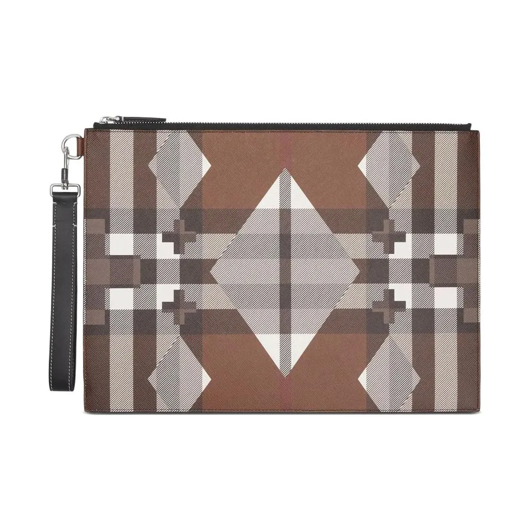Burberry Large Geometric Check And Leather Zip Pouch 'Dark Birch Brown'