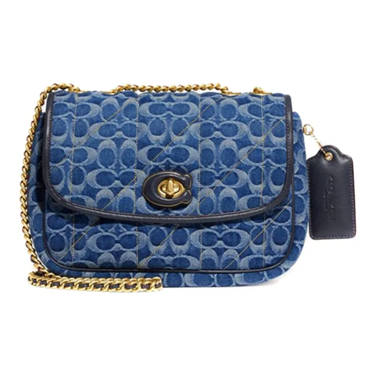 COACH Pillow Denim With Leather Chain Bag, Crossbody Bag, Shoulder Bag Women's Marine Blue