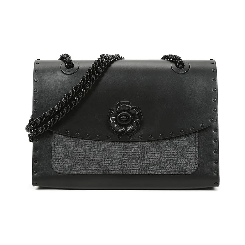 COACH Leather Chain Bag Crossbody Bags Handbags Shoulder Bags Women's Black & Vintage Charcoal Gray