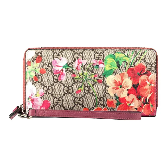 GUCCI GG Blooms Canvas With Leather Handheld Wristband Wallet Regular Women's Ebony/Pink