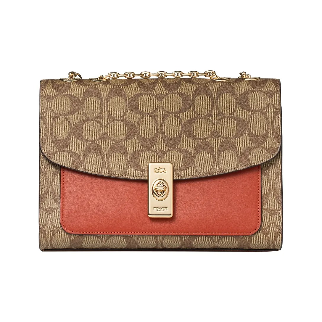 COACH Lane Canvas With Leather Canvas Bag, Handbag Medium Size Women's Khaki & Orange