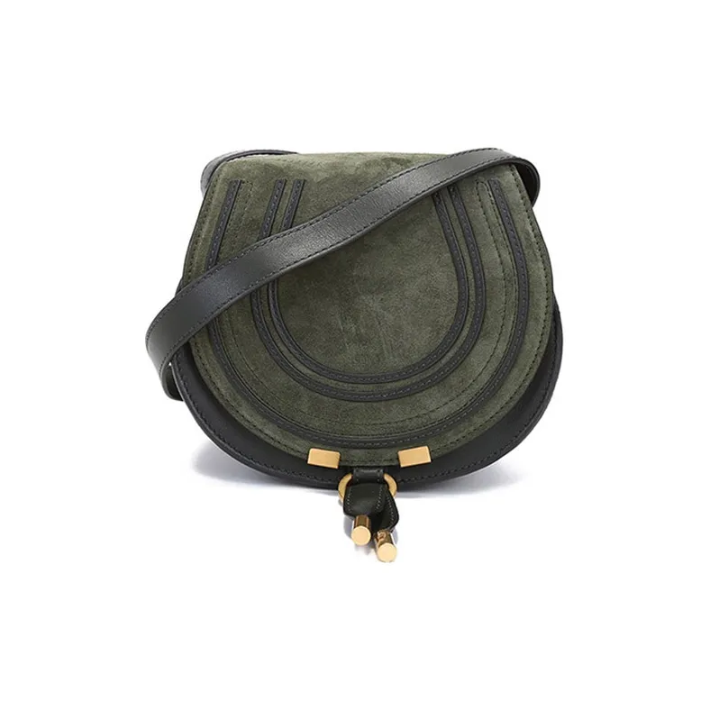 Chloe Marcie Suede Patchwork Shiny Calfskin Saddle Bag, Shoulder Bag, Crossbody Bag Mini Women's Night Forest Green
