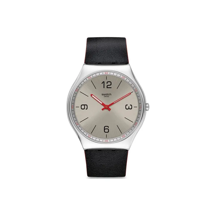 SWATCH Skin Irony Collection Кварцевый механизм Унисекс Часы 45,6 мм Серебристый циферблат Корпус из нержавеющей стали Ремешок из натуральной кожи