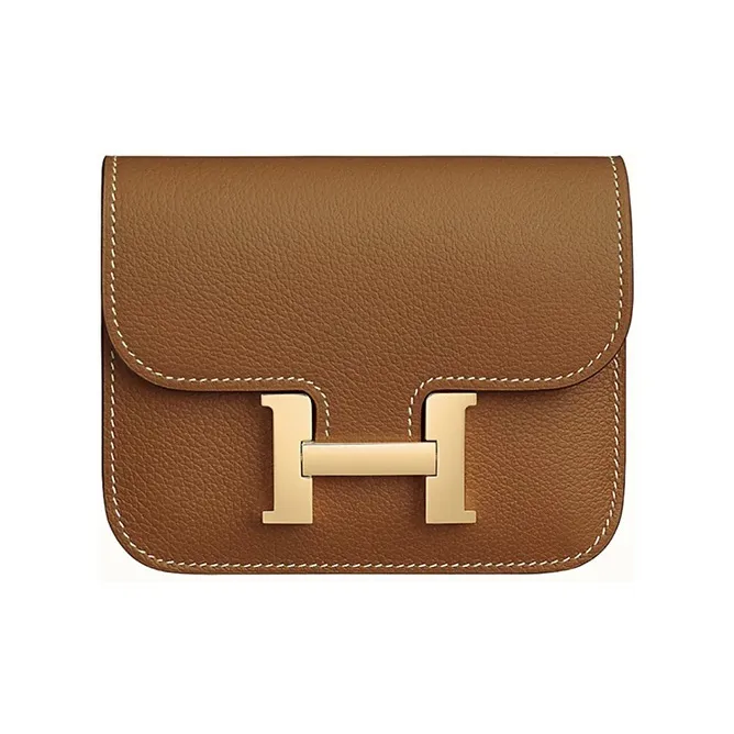HERMES Constance Slim Evercolor Calfskin Wallets Card Holders Fanny Pack Regular Women
s 37 Gold Gold Brown
