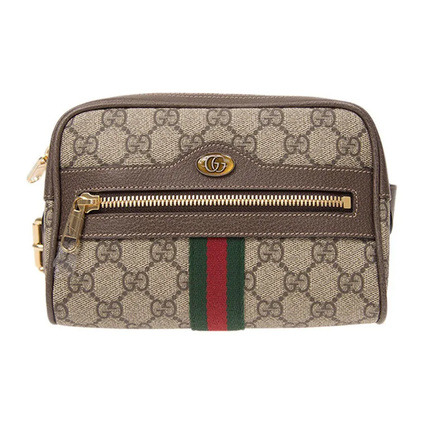 GUCCI Ophidia Canvas With Leather One Shoulder Crossbody Bag Sling Bag Fanny Pack Small Size Unisex Ebony/Brown