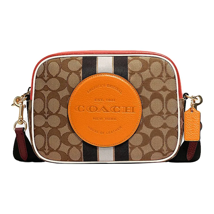 COACH Dempsey Canvas With Leather Camera Bag, Crossbody Bag, Shoulder Bag Women's Orange & Brown Monogram