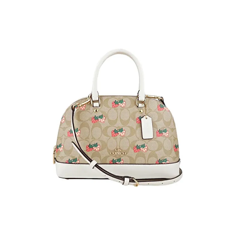 COACH Sierra Leather Dome Bag, Handbag, Shoulder Bag, Crossbody Bag Trumpets Women's White & Khaki Monogram