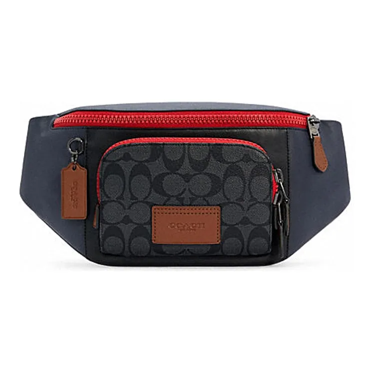 COACH Track Canvas With Leather Crossbody Bags Fanny Pack Large Size Men's Red Dark Blue & Black