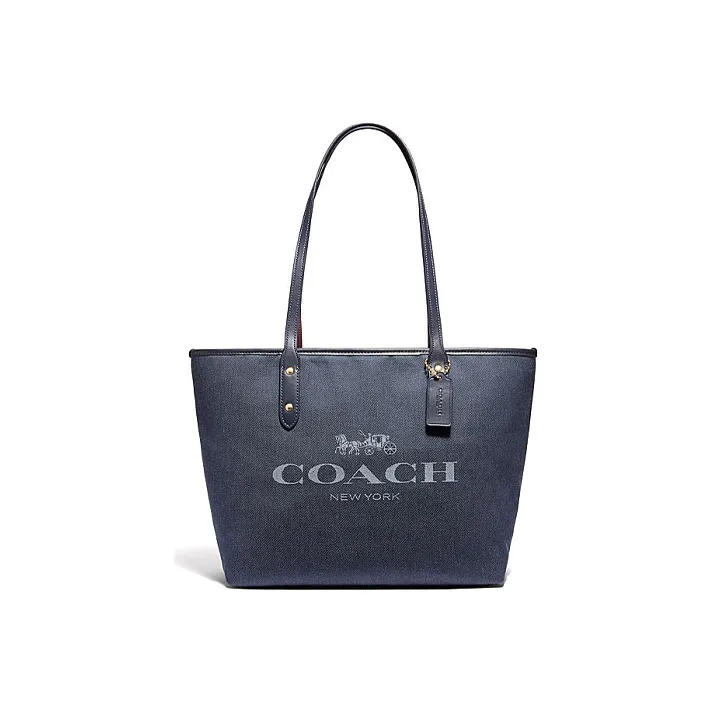 COACH City Zip Tote Fabric With Cow Leather Tote Bag, Shopping Bag, Handbag, Shoulder Bag Women's Denim Blue