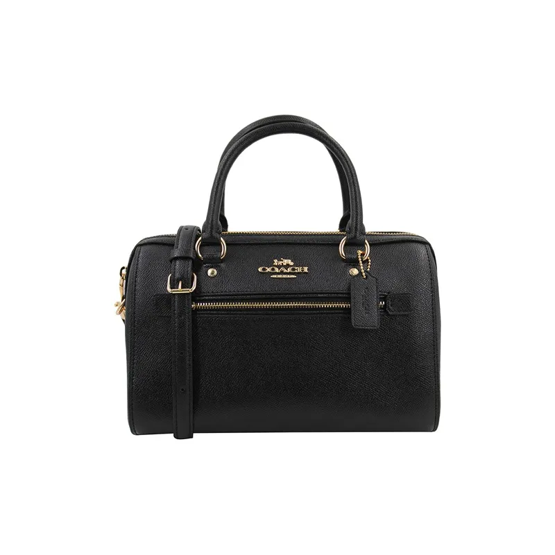 COACH Rowan Cross Grain Leather Boston Bag, One Shoulder Handbag, Crossbody Bag Large Size Women's Pure Black