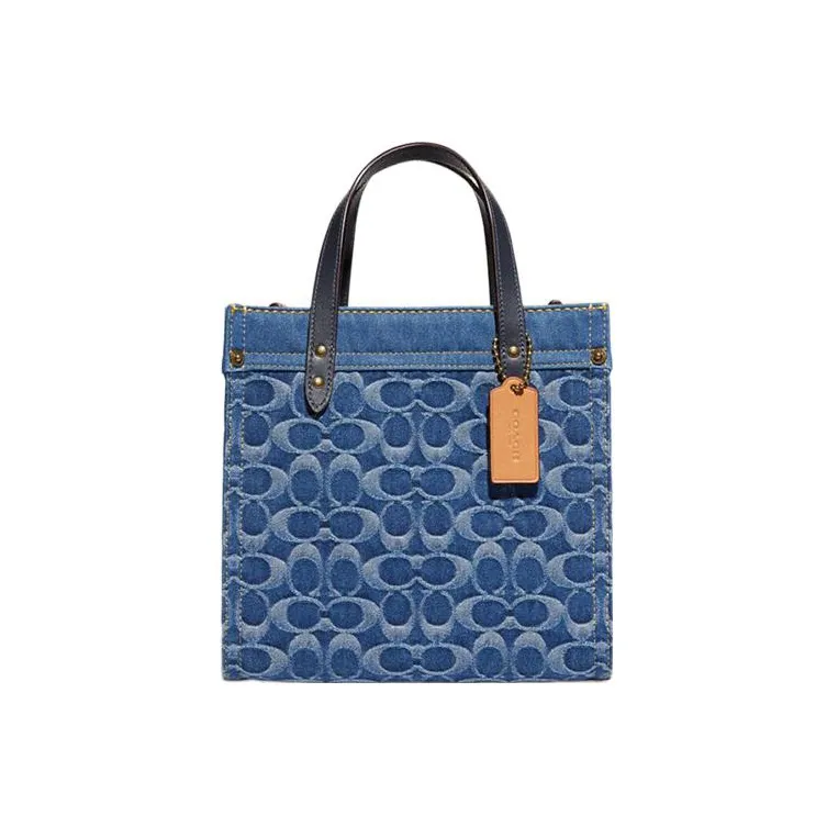 COACH Field Denim Fabric Tote Bag Shopping Bag Portable Crossbody Bag Shoulder Bag Medium Size Women's Marine Blue
