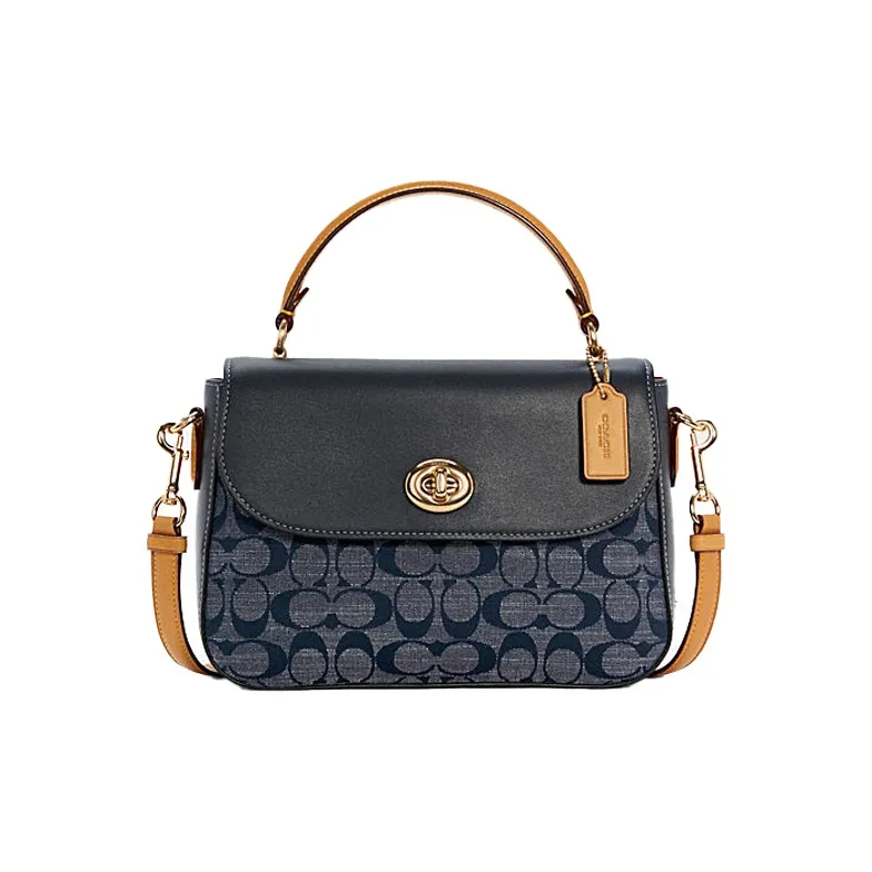 COACH Marlie Leather Satchel Bag, Small Square Bag, Handbag, Shoulder Bag, Crossbody Bag Medium Size Women's Denim Blue