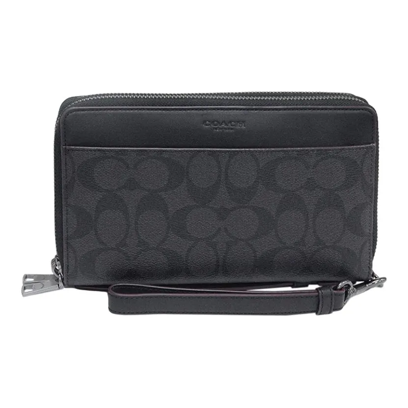 COACH Double Zip Wallet Coated Canvas With Leather Card Holder, Wallet Men's Black