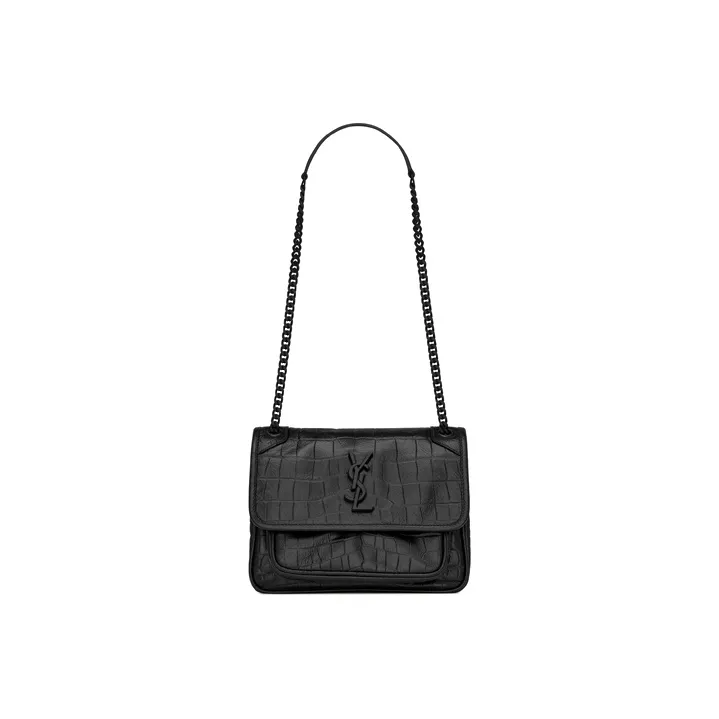SAINT LAURENT Niki Crocodile Pattern Embossed Leather Hobo Bag Crossbody Bag Shoulder Bag Women's Black