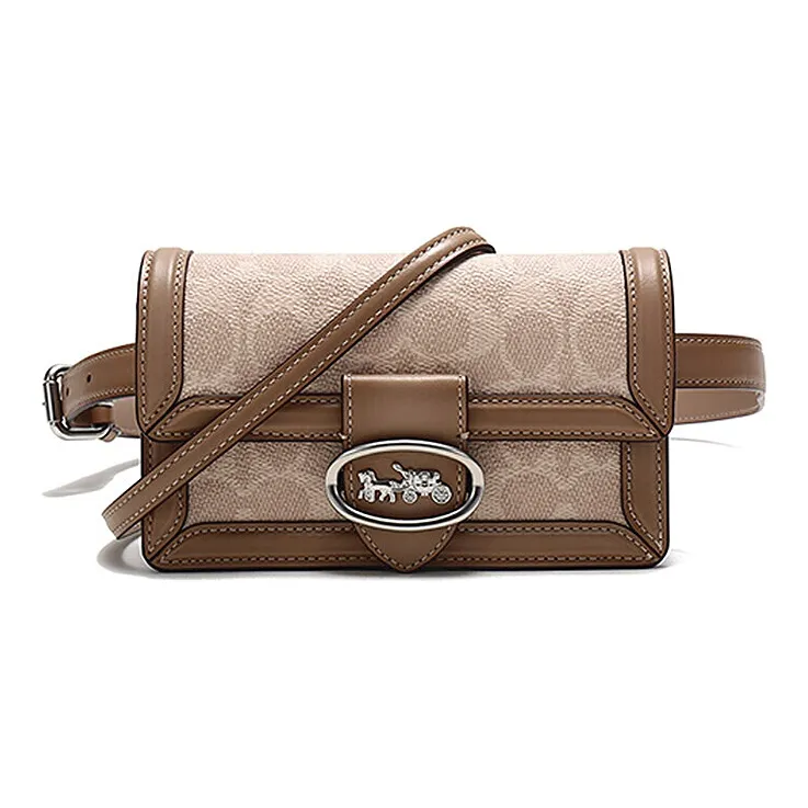 COACH Riley Leather Trunk Bag, Handheld, One Shoulder, Crossbody, Fanny Pack Trumpets Women's Brown & Khaki Monogram