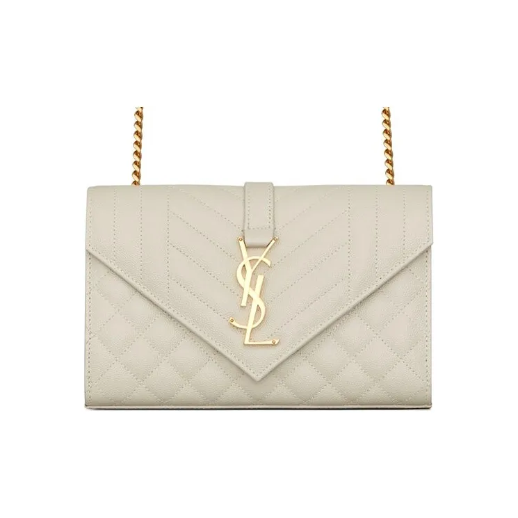 SAINT LAURENT ENVELOPE Grain Embossed Cow Leather Envelope Bag, Crossbody Bag, Shoulder Bag Small Women's White