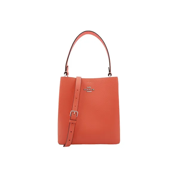 COACH Town Grain Leather Bucket Bag, One Shoulder Handbag Medium Size Women's Orange Pink