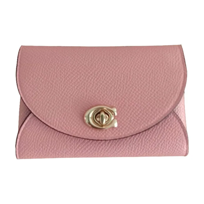 COACH Turnlock Cross Grain Leather Card Holder, Wallet Women's Pink