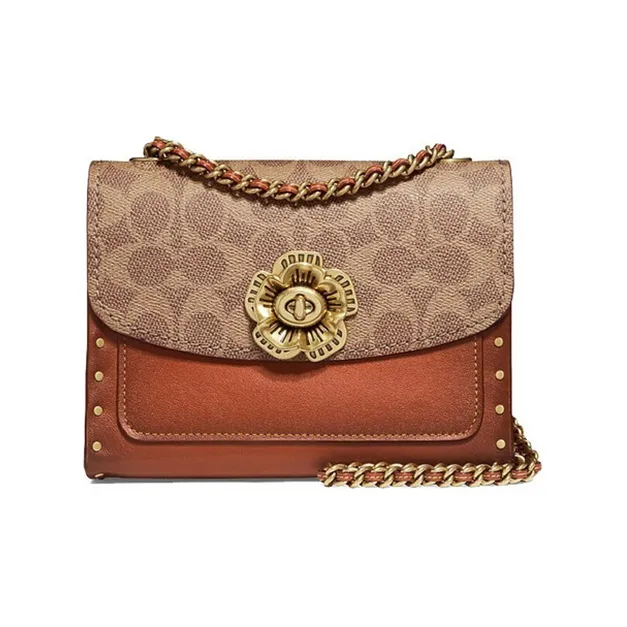 COACH Parker Coated Canvas With Calfskin Shoulder Bag, Crossbody Bag Trumpets Women's Khaki & Brown Monogram
