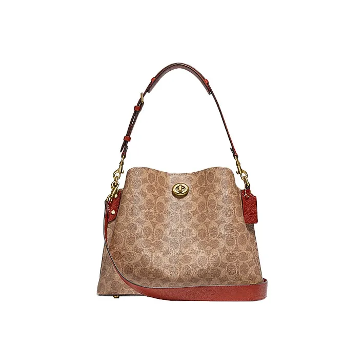 COACH Willow Canvas With Leather Tote Bag, Shopping Bag, Shoulder Bag, Crossbody Bag Tubas Women's Brown Yellow/Rusty