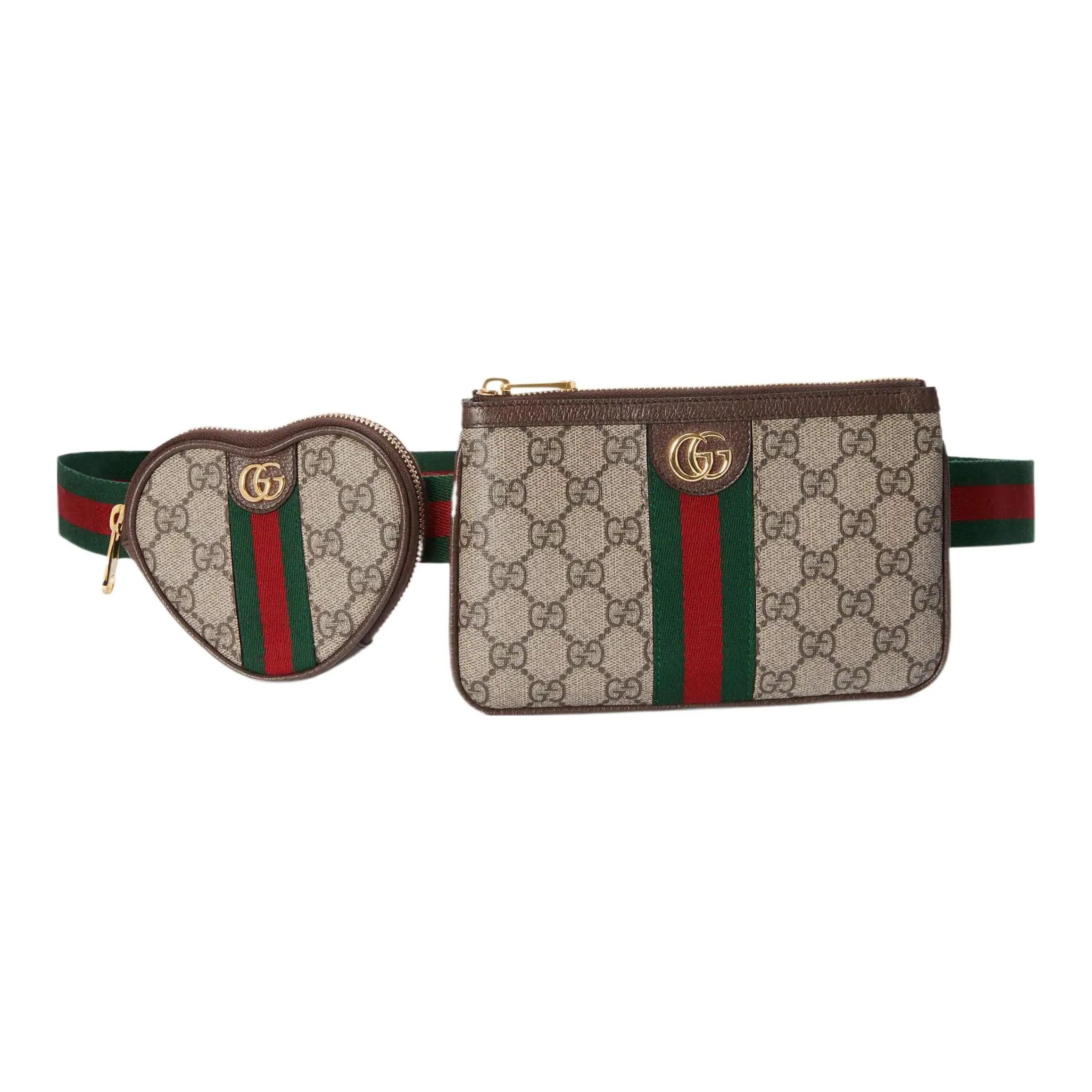 GUCCI Ophidia Leather Trim Heart Coin Combo Bag, Clutch, Fanny Pack Unisex Ebony/Brown